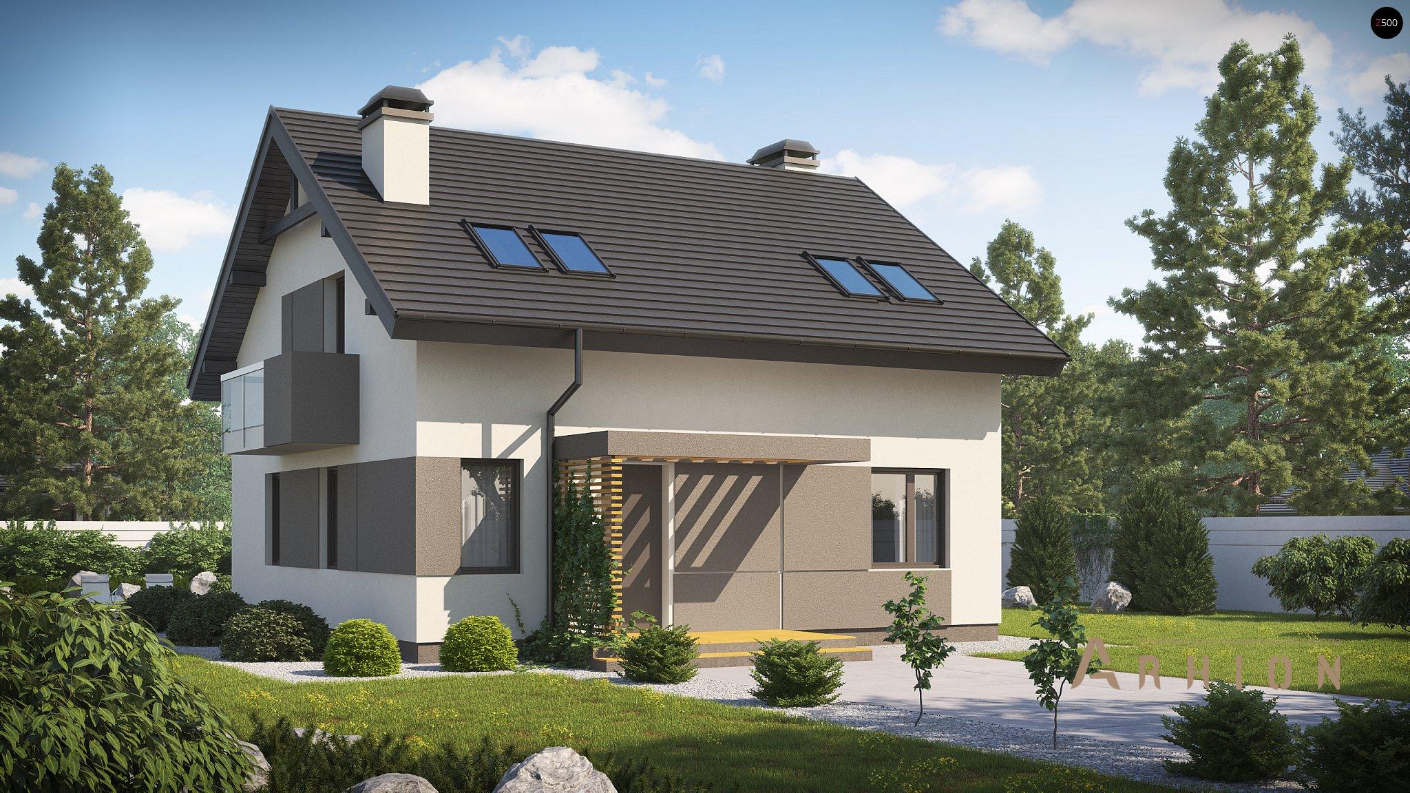 2. Проект одноэтажного дома в европейском стиле с двускатной кровлей, Z65 v2, площадью - 131 кв c мансардой, терассой, балконом, эркером